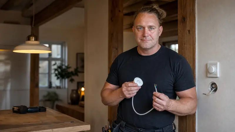 Elektriker holder ledning og lampeudtag ved væg