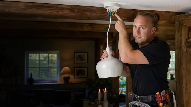 Elektriker monterer loftlampe i rustikt hjem