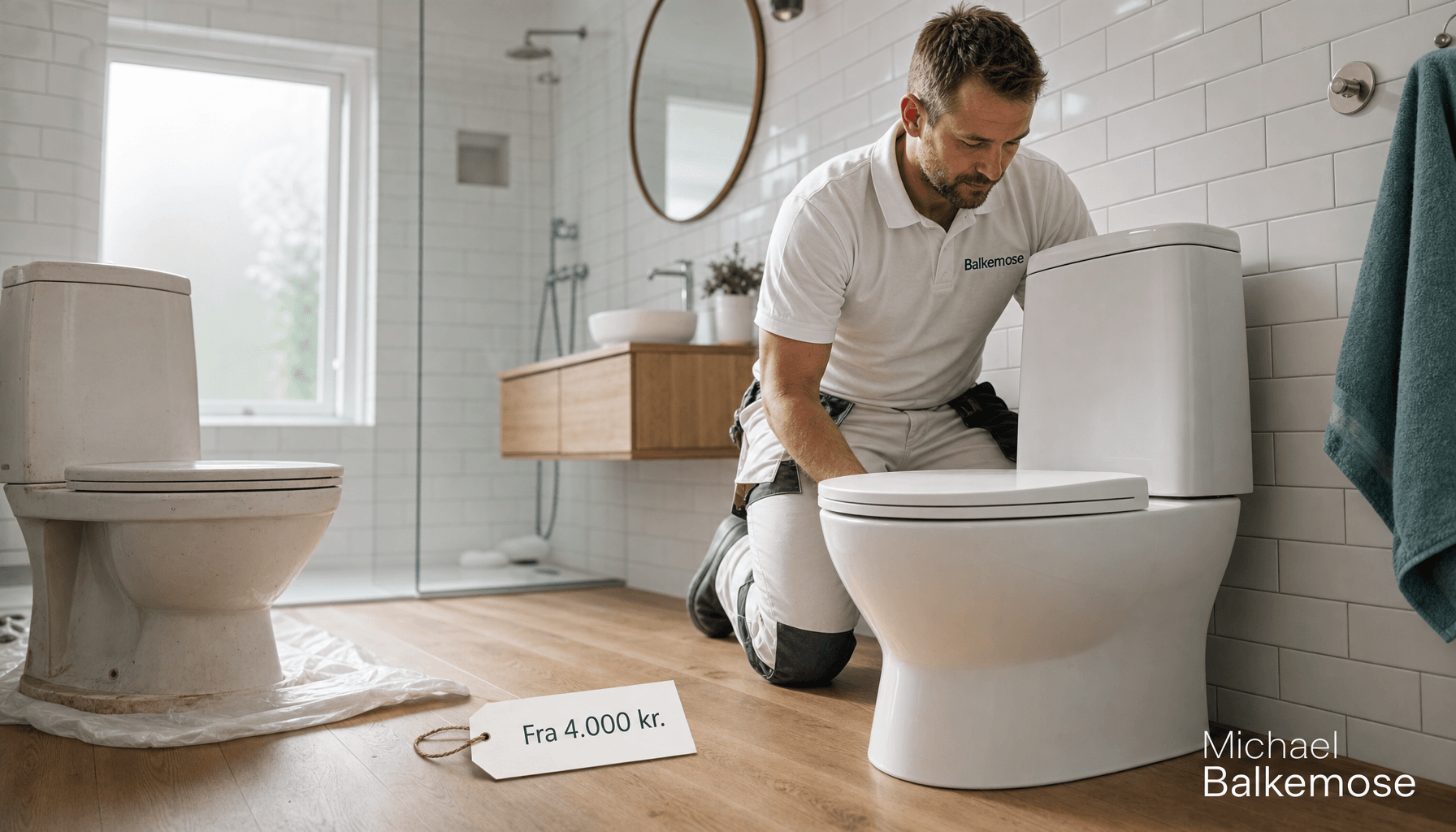 VVS-montør installerer nyt toilet ved siden af gammelt toilet