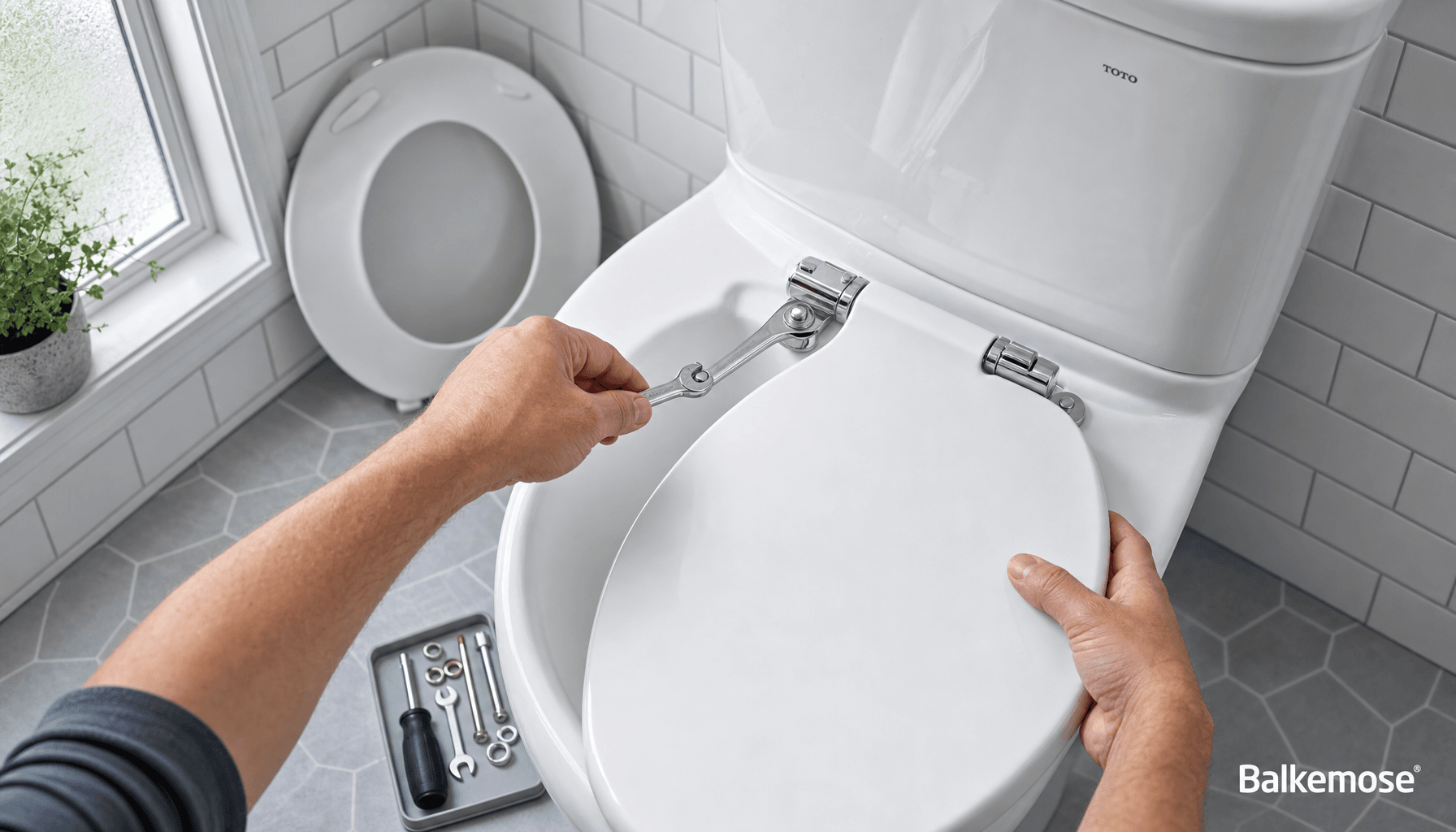 Person monterer toiletsæde med skruenøgle på hvidt toilet
