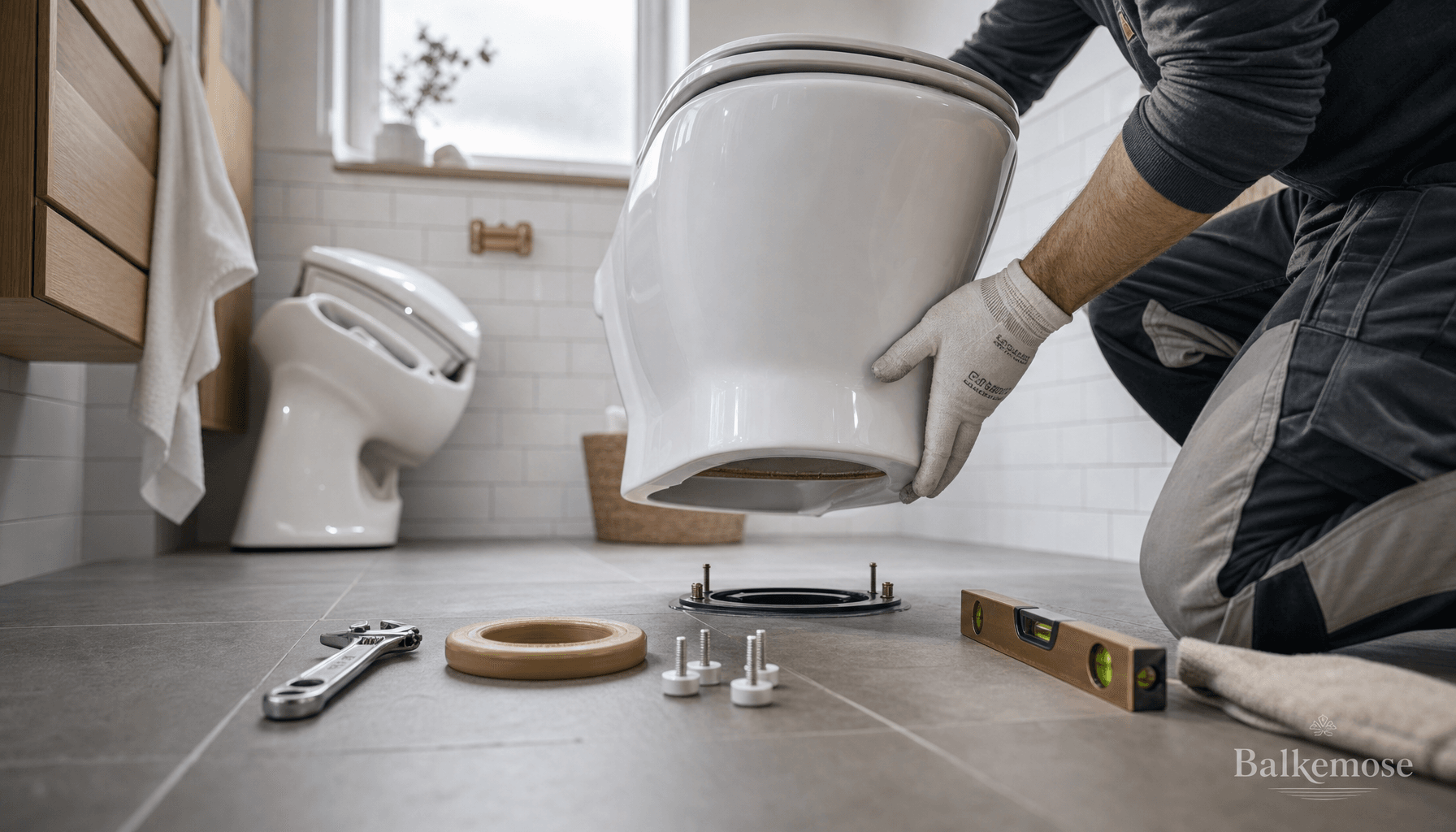 VVS-montør installerer nyt toilet på badeværelse