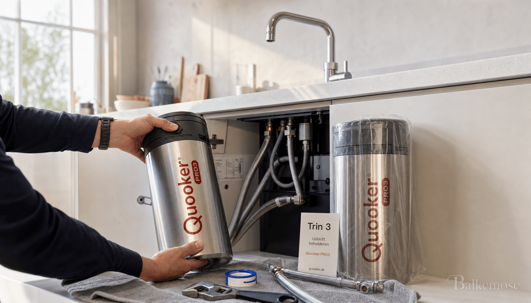 Person udskifter Quooker PRO3-beholder under køkkenvask