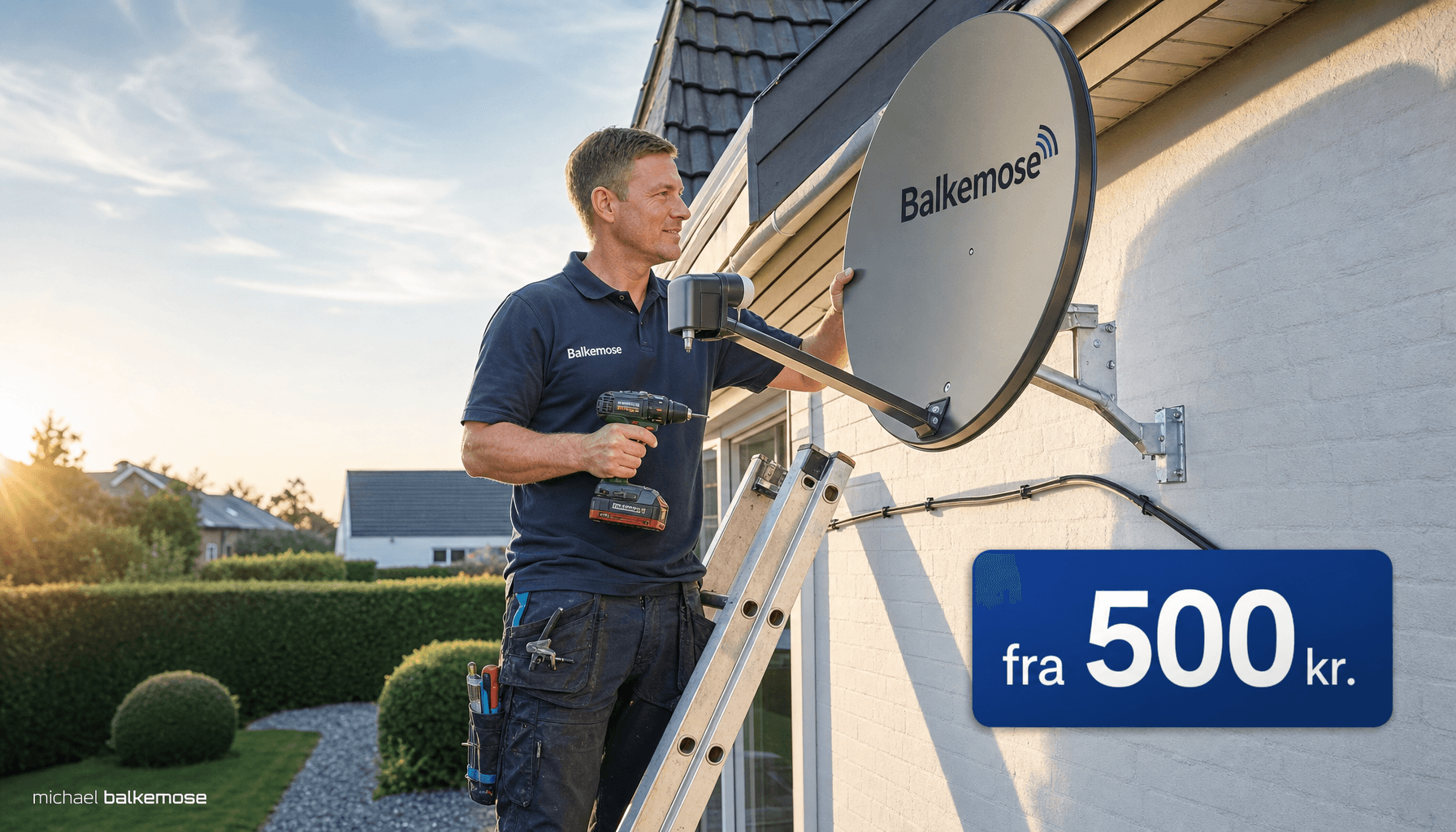 Montør opsætter parabolantenne på husvæg