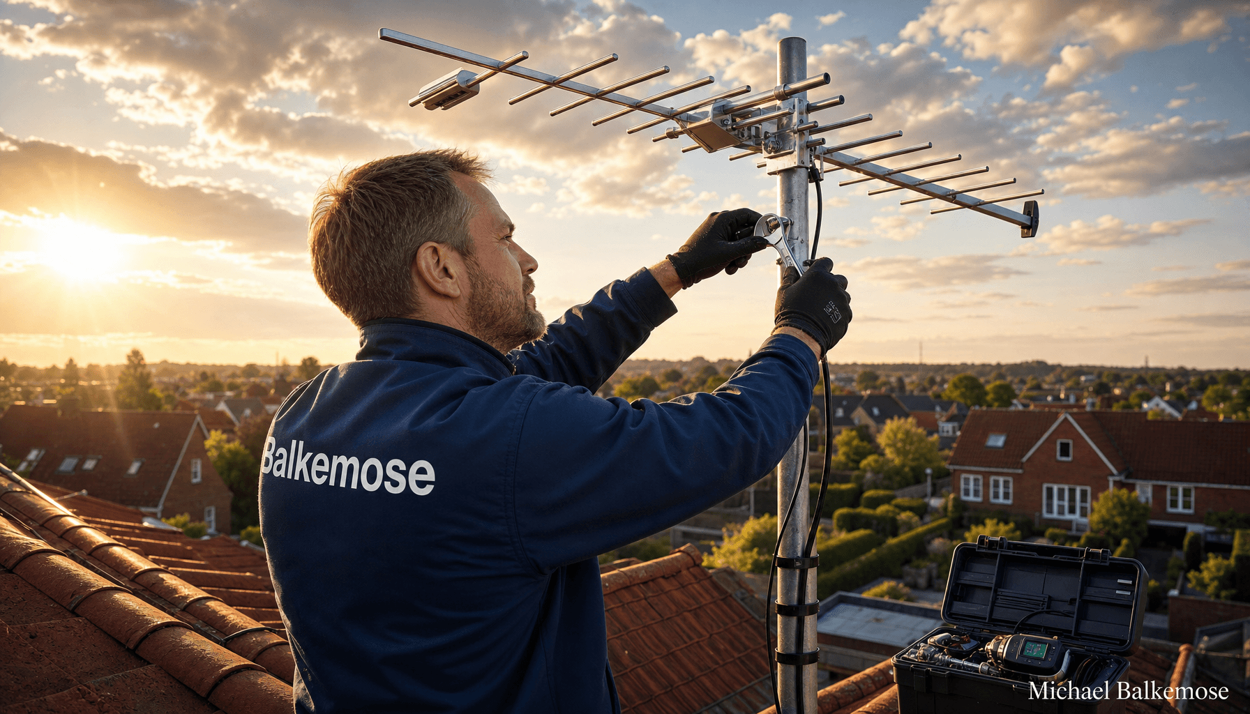 Tekniker monterer tv-antenne på tag ved solnedgang
