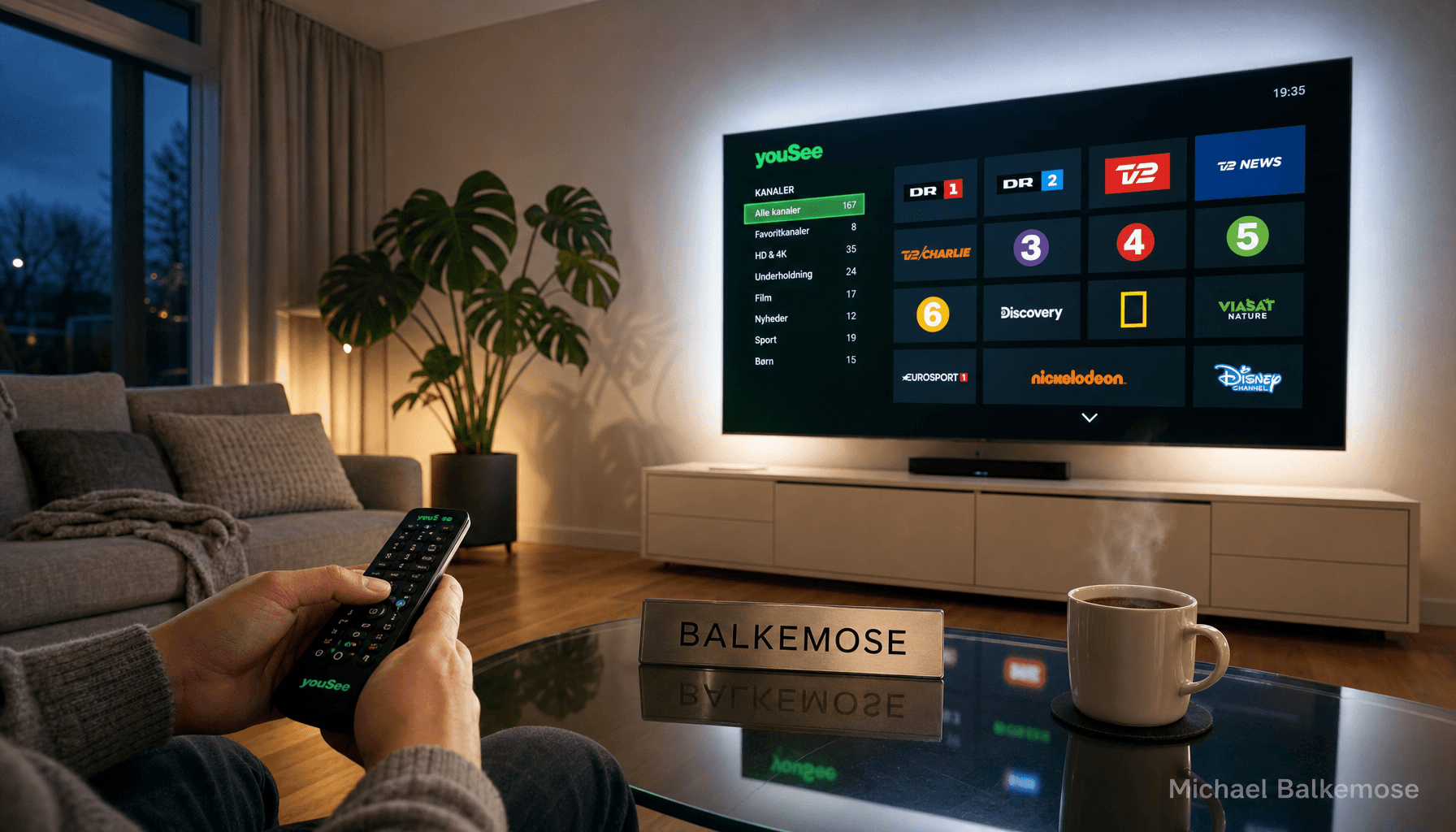 Person vælger tv-kanaler på YouSee i hyggelig stue