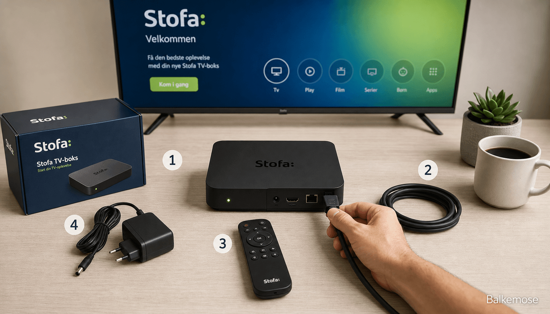Stofa TV-boks tilsluttes med kabel foran fjernsyn