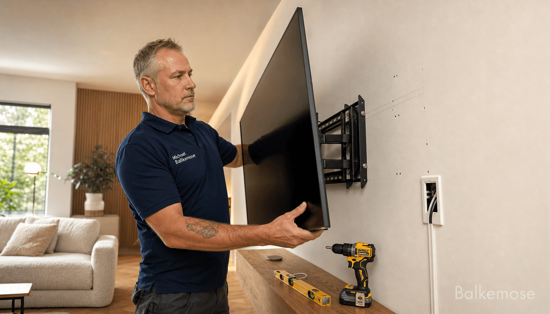 Montør monterer fladskærms-tv på vægbeslag i stue