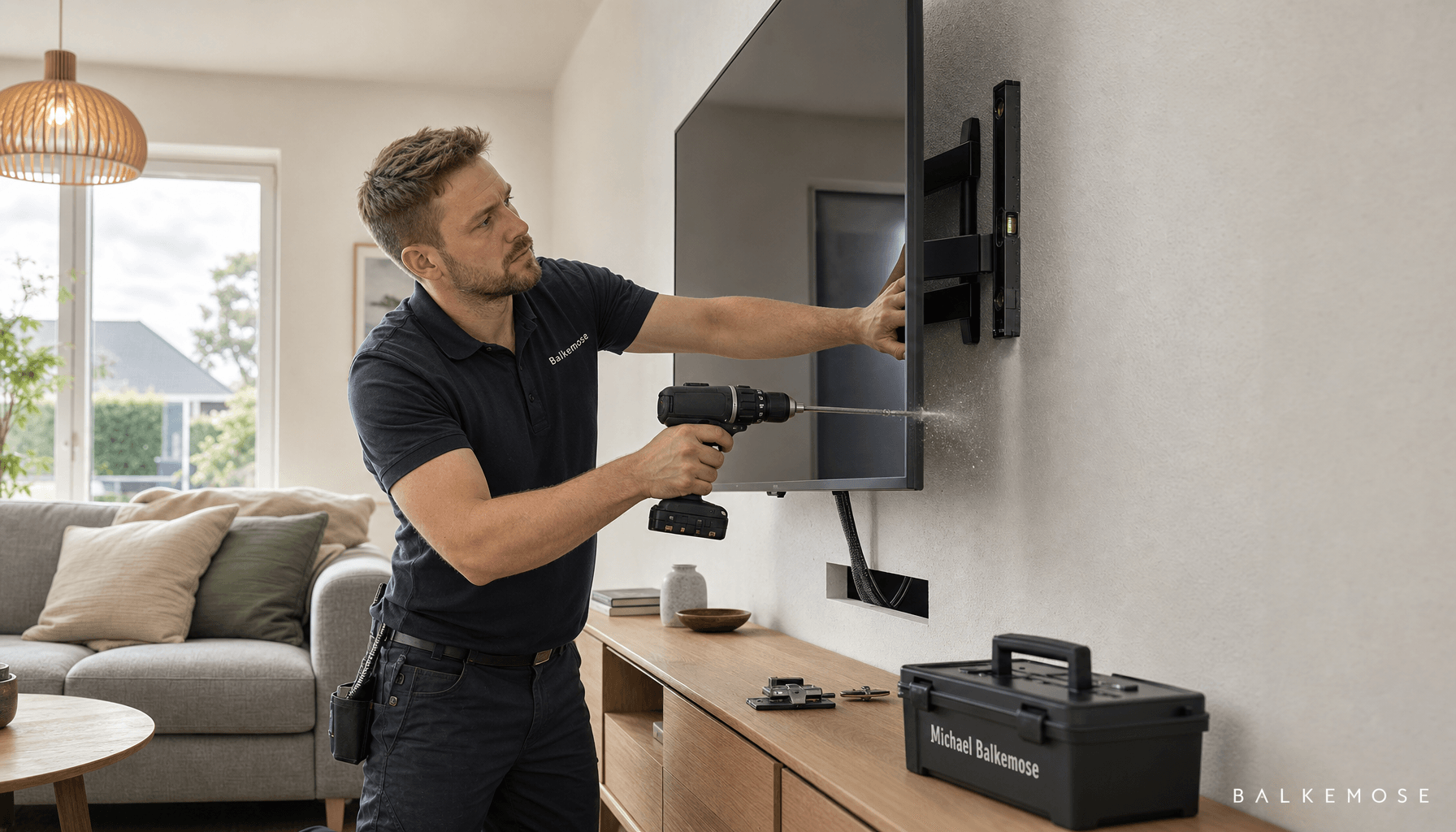 Montør opsætter fladskærms-tv på væg i stue