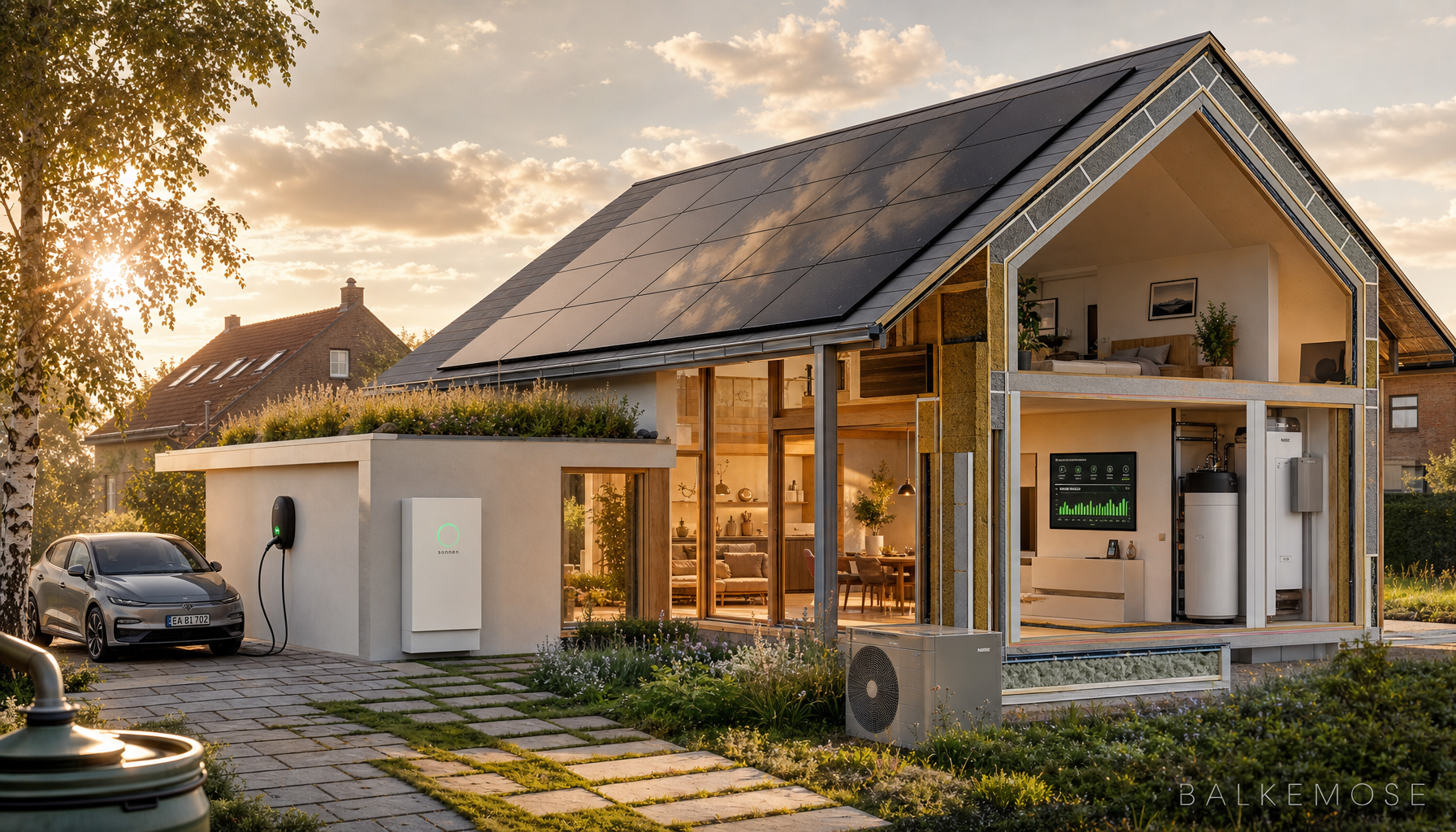 Moderne hus med solceller, varmepumpe og elbiloplader