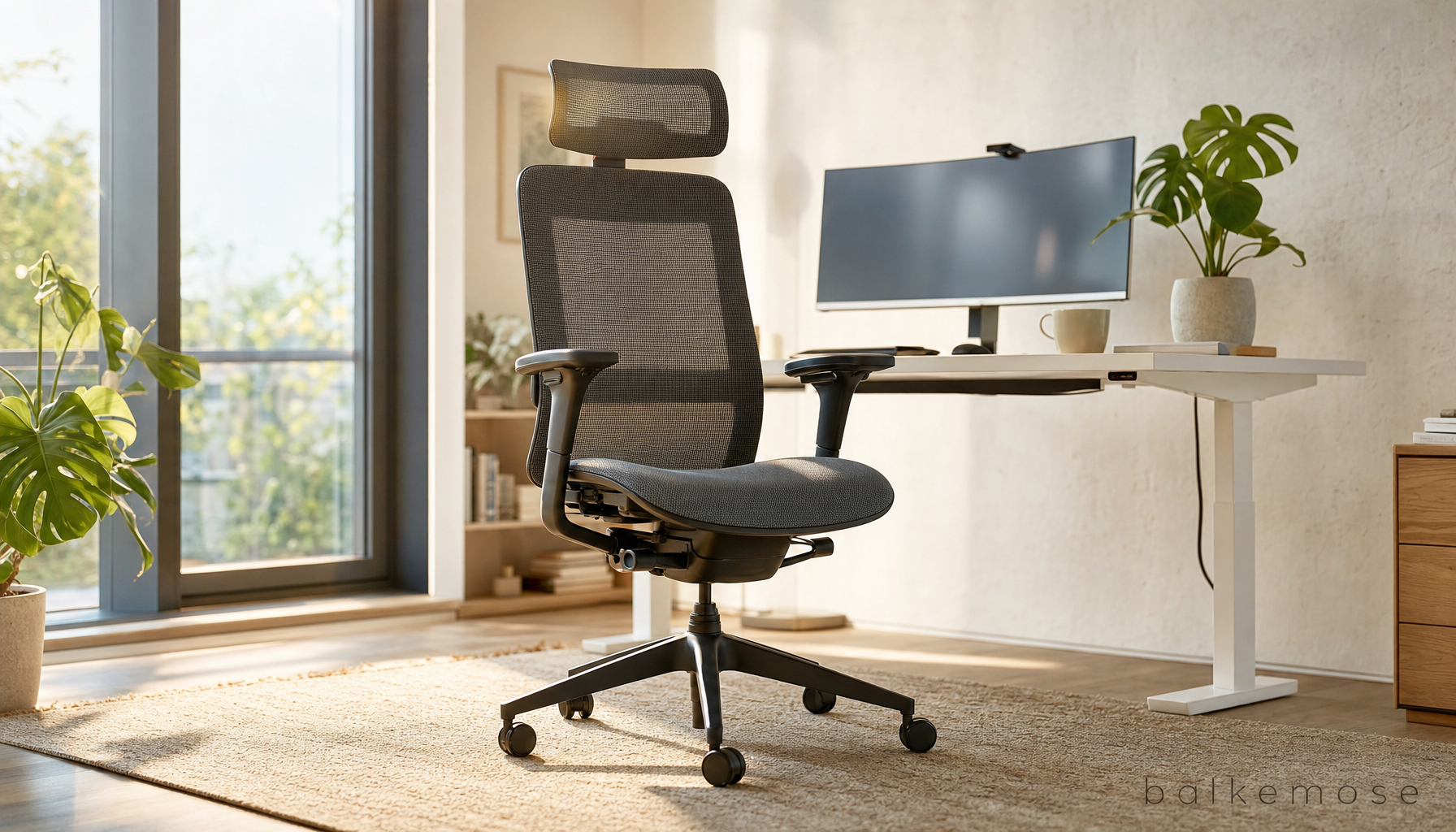 Ergonomisk kontorstol ved hæve-sænke-bord i lyst hjemmekontor