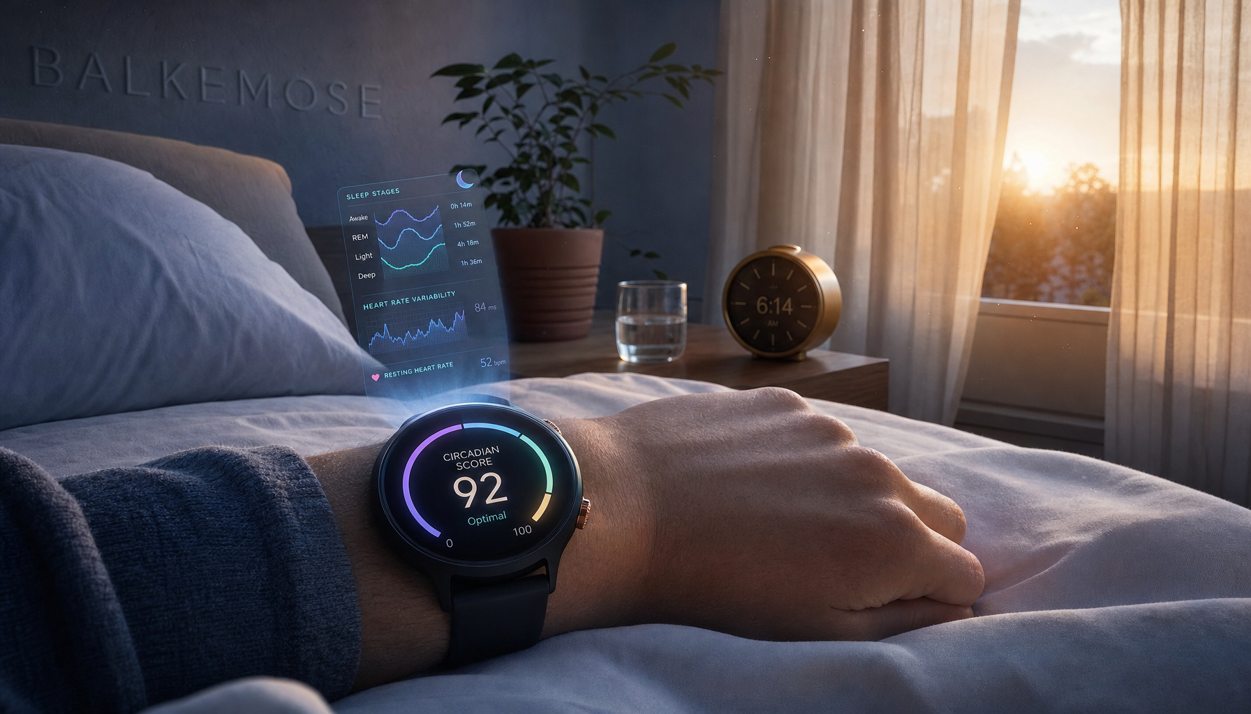 Smartwatch viser optimal døgnrytmescore i morgensol