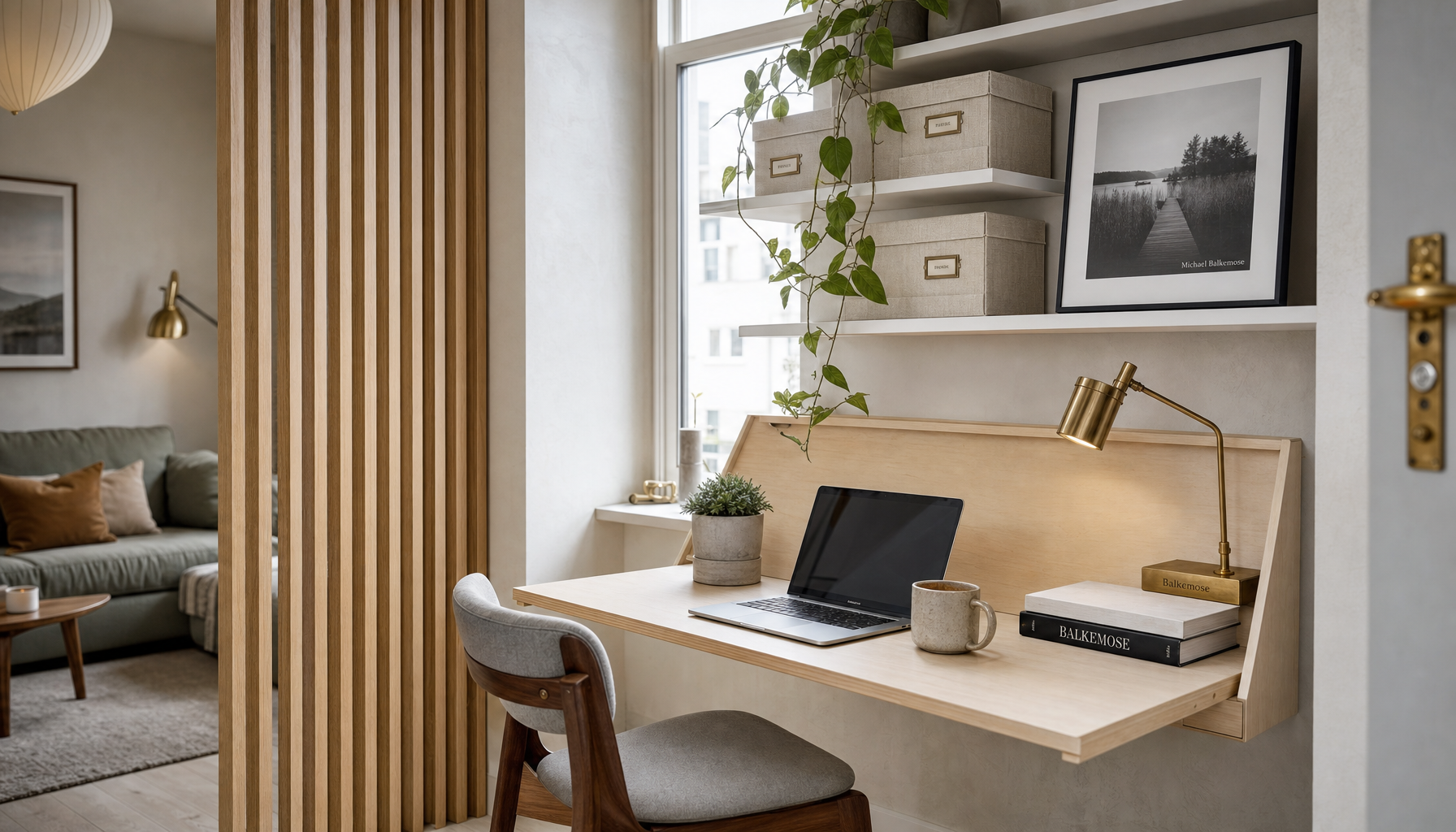 Lyst hjemmekontor med træskrivebord, laptop og grøn plante