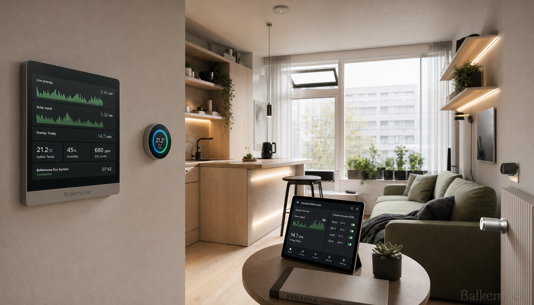 Smart energistyring i moderne stue med køkken