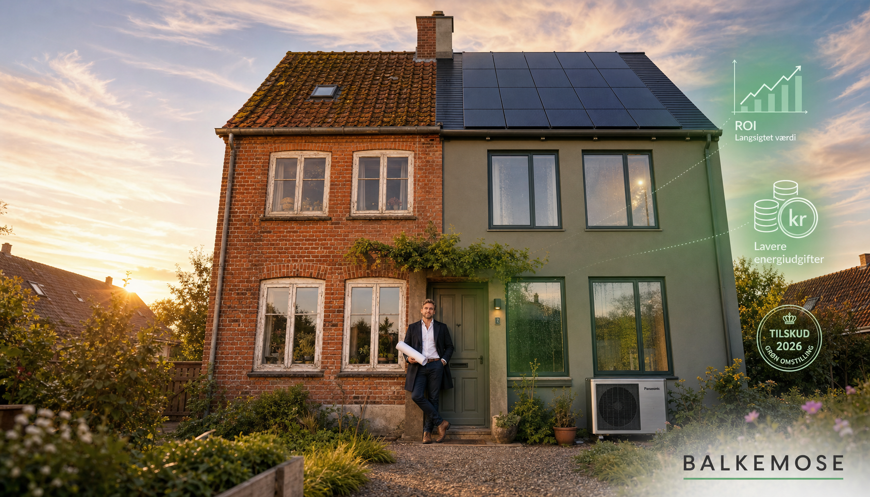 Villa med solceller, varmepumpe og energirådgiver ved indgangen