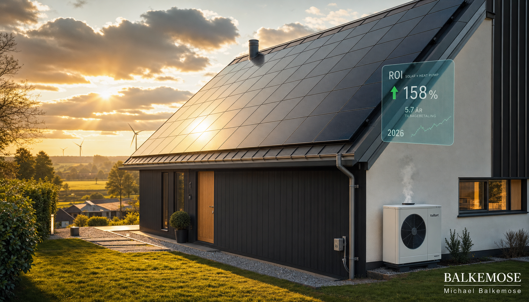 Solcellehus med varmepumpe i solnedgang