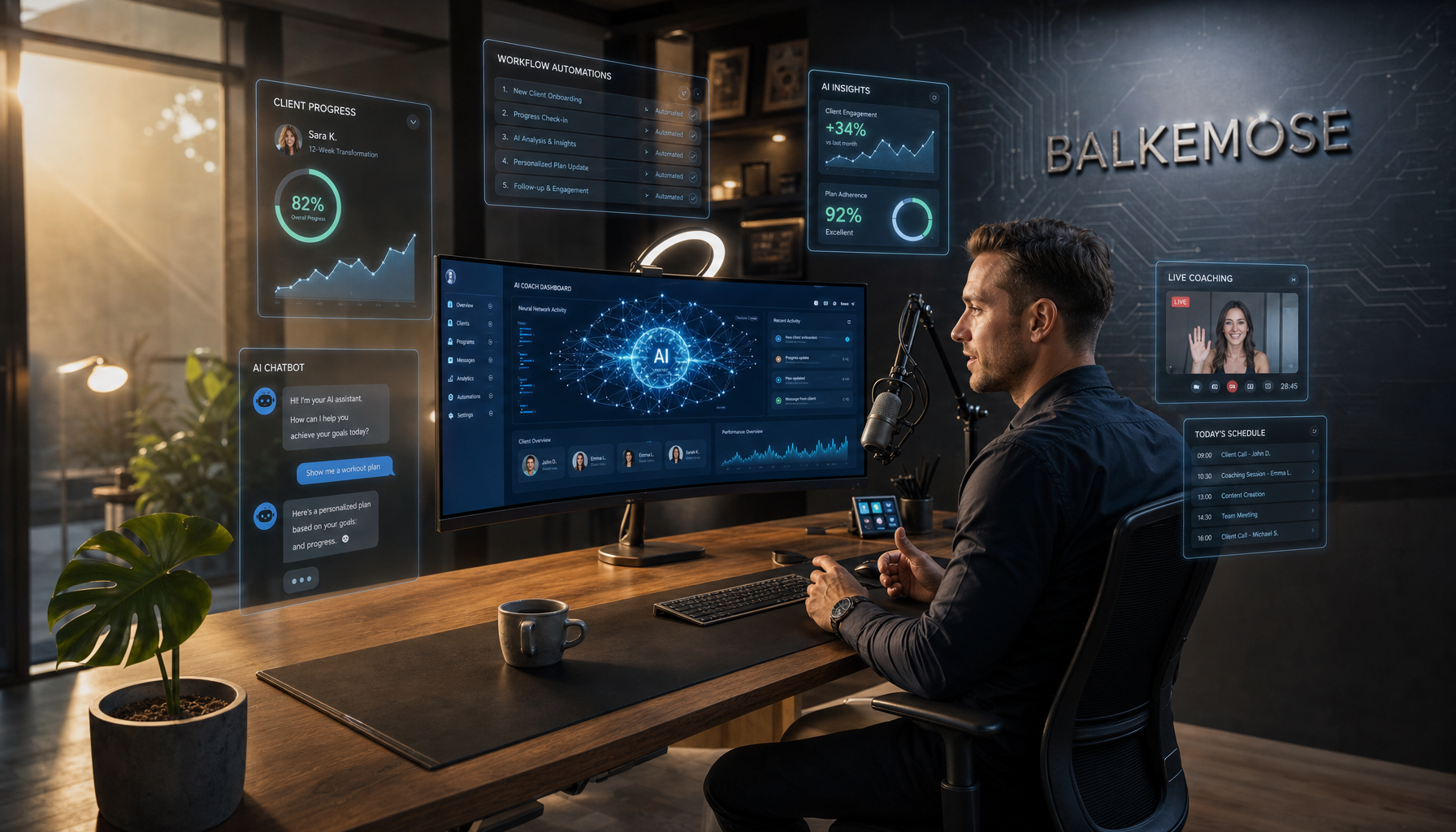 Coach arbejder med AI-dashboard og virtuelle klientdata