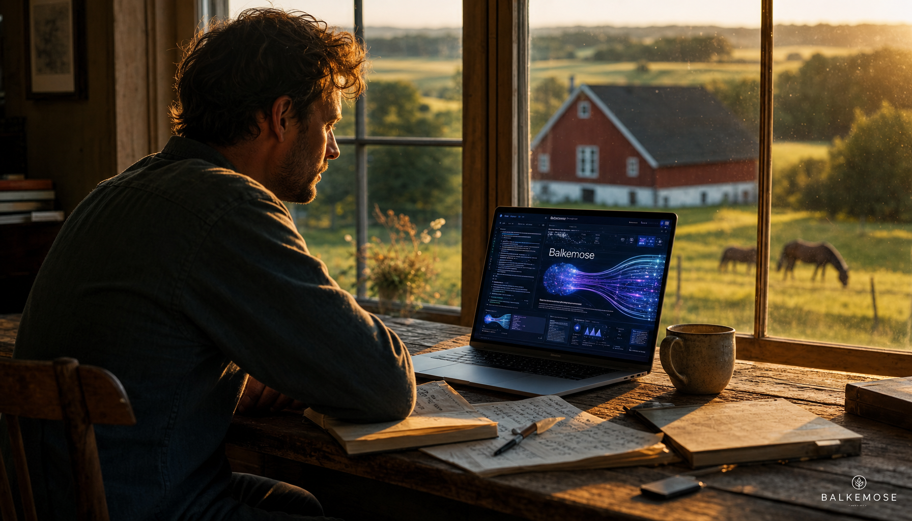 Mand arbejder ved laptop med udsigt til gård og heste