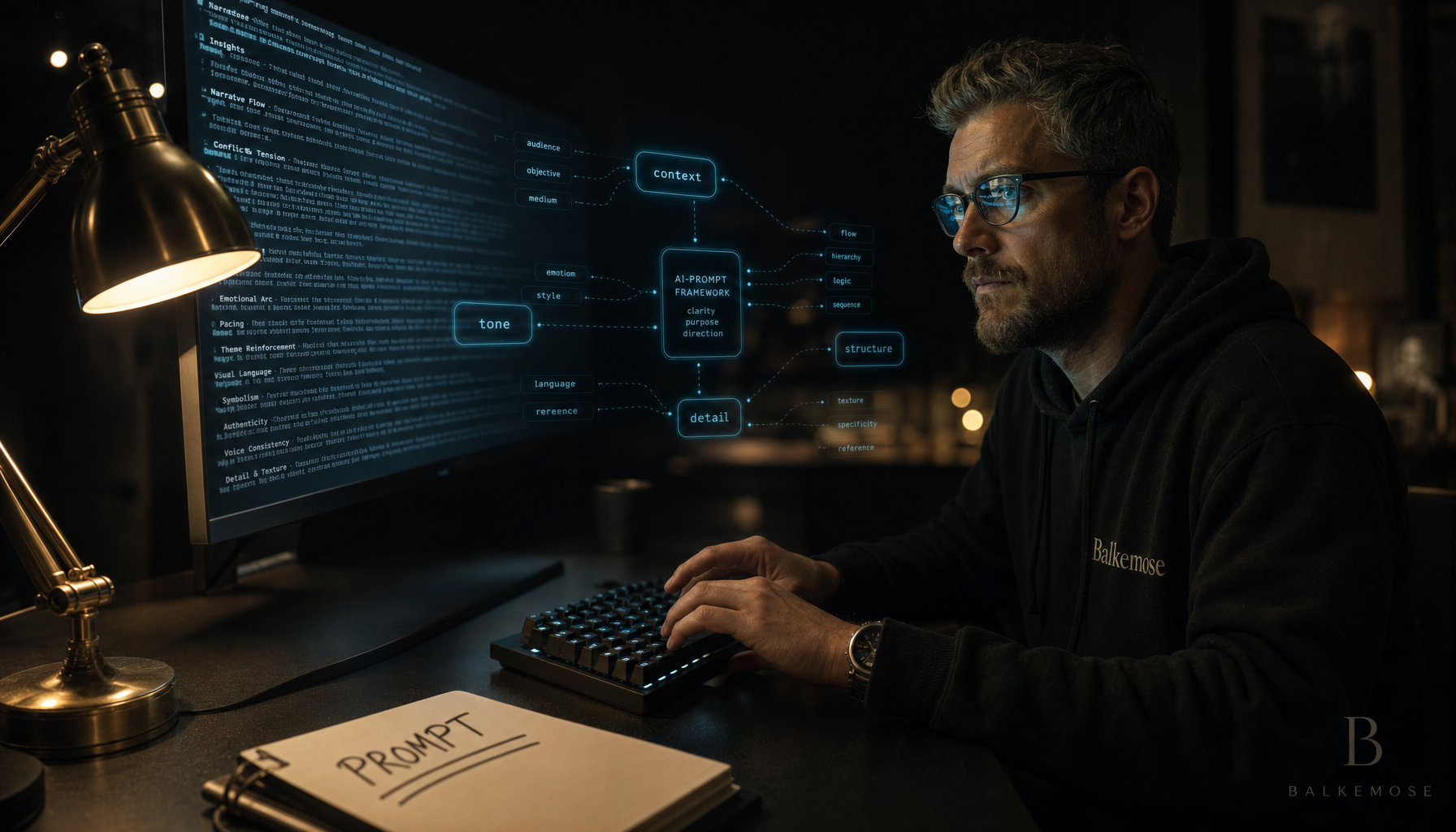 Mand arbejder med AI-prompt på computerskærm