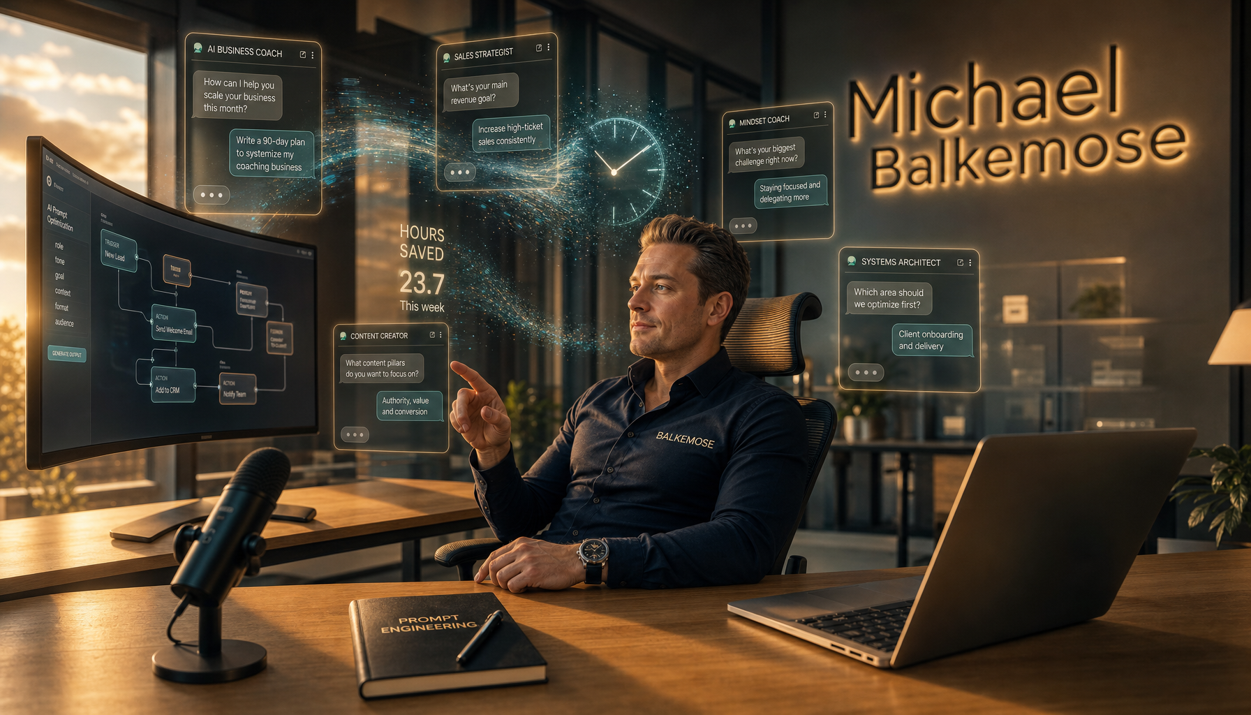 Forretningscoach med AI-paneler på kontor