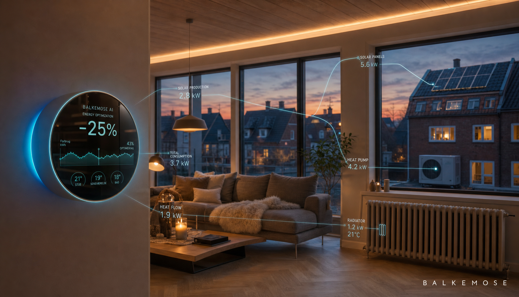 Smart energistyring i stue med solceller og varmepumpe