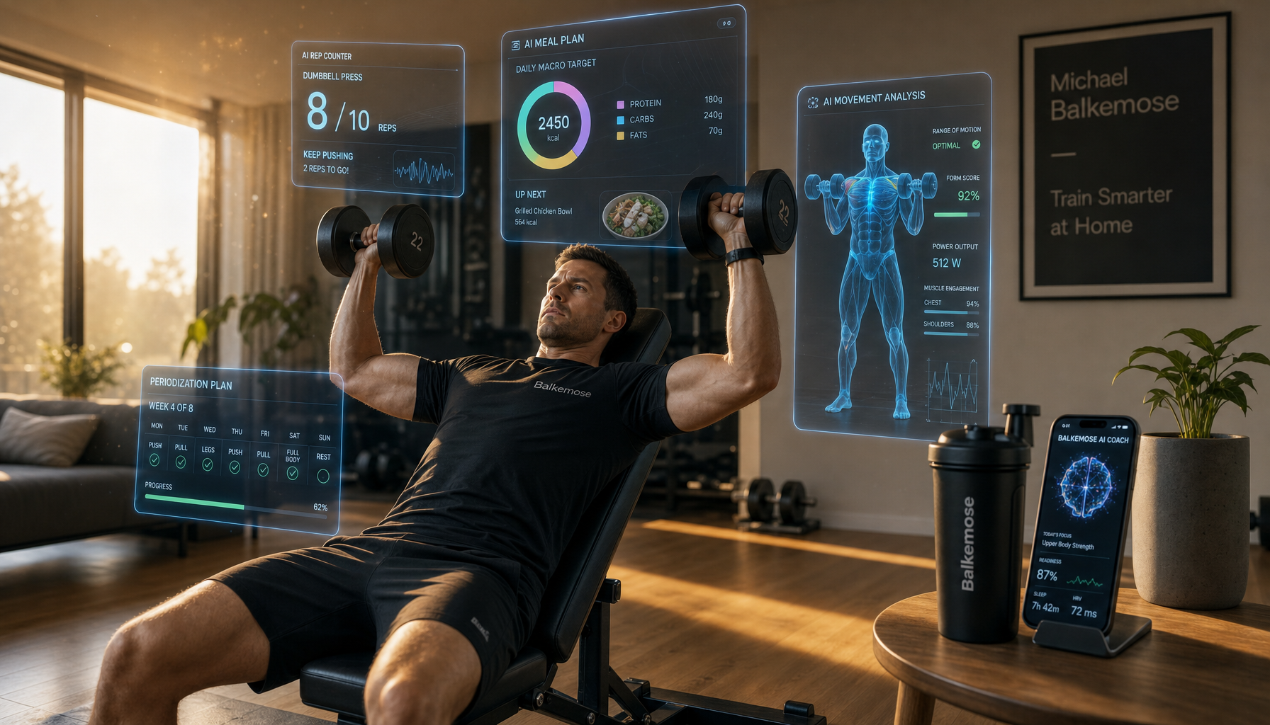 Mand laver dumbbellpres med AI-træningsdata i hjemmegym