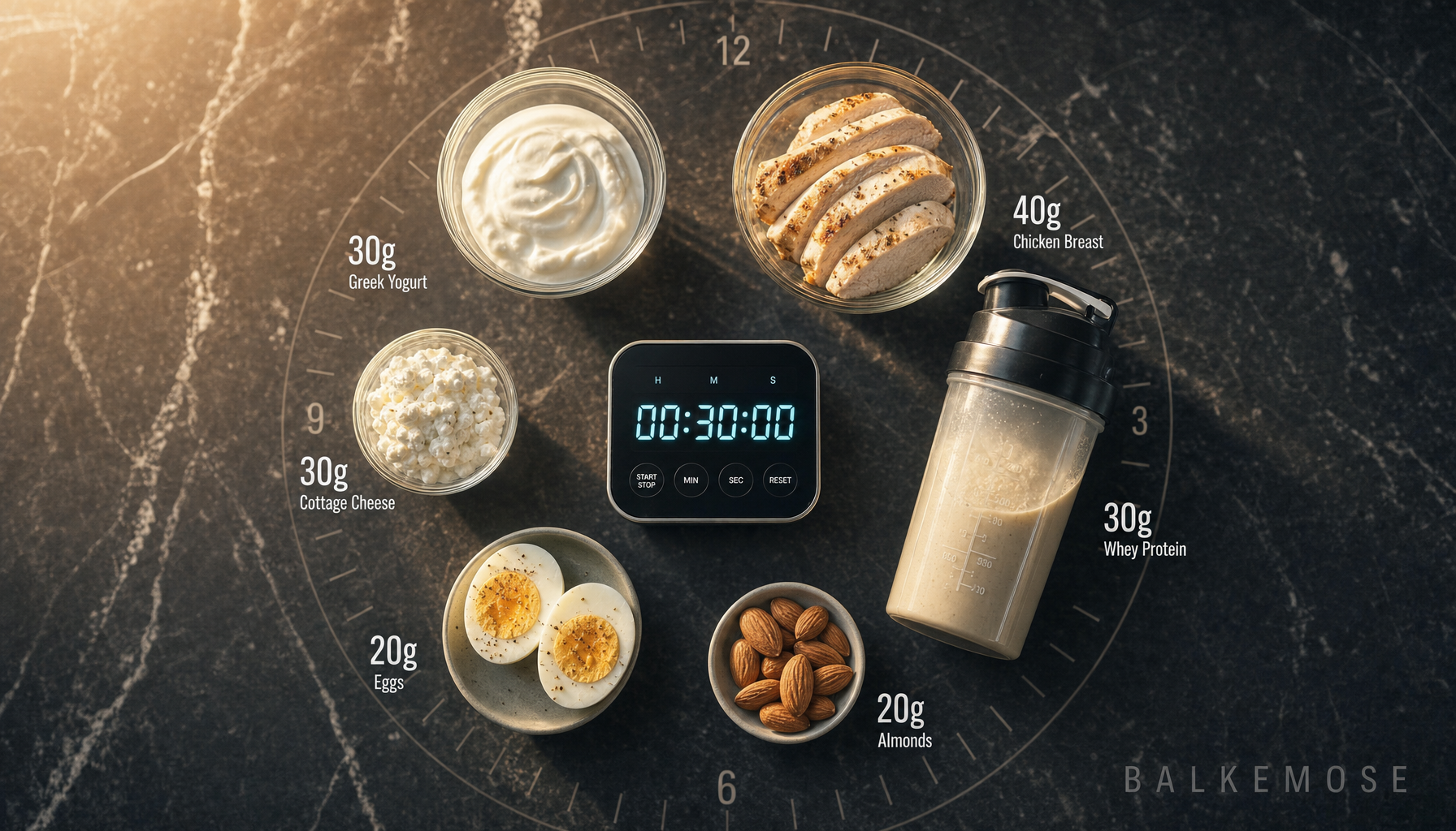Proteinrige snacks arrangeret som et ur omkring en shaker